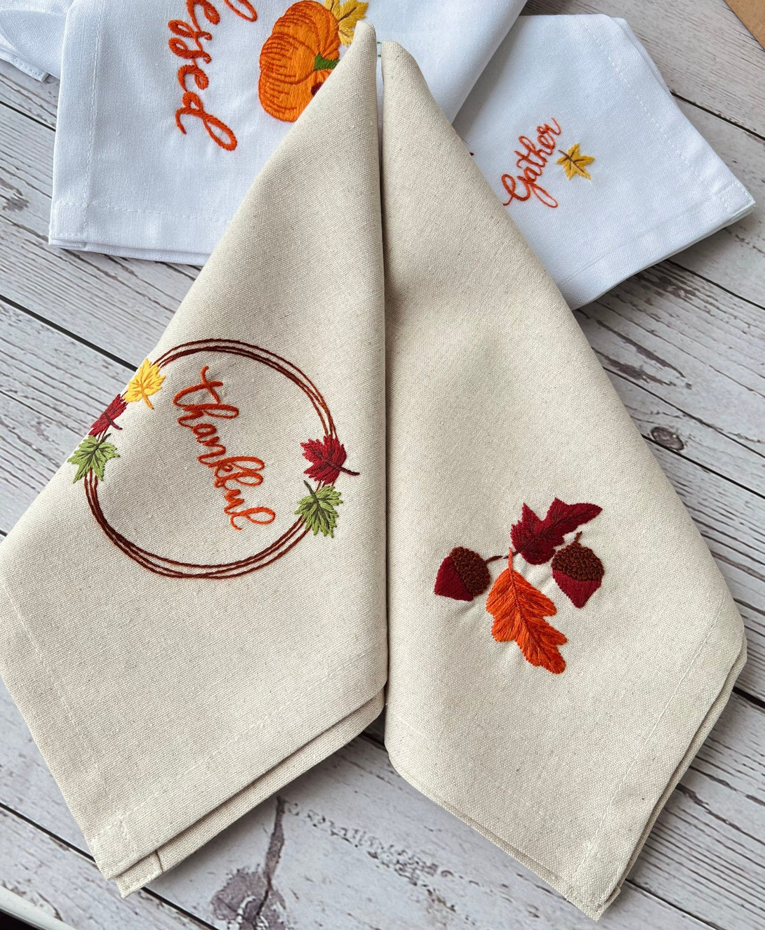 Thanksgiving Hand Embroidered Linen Napkin Set - Stitchery Zone