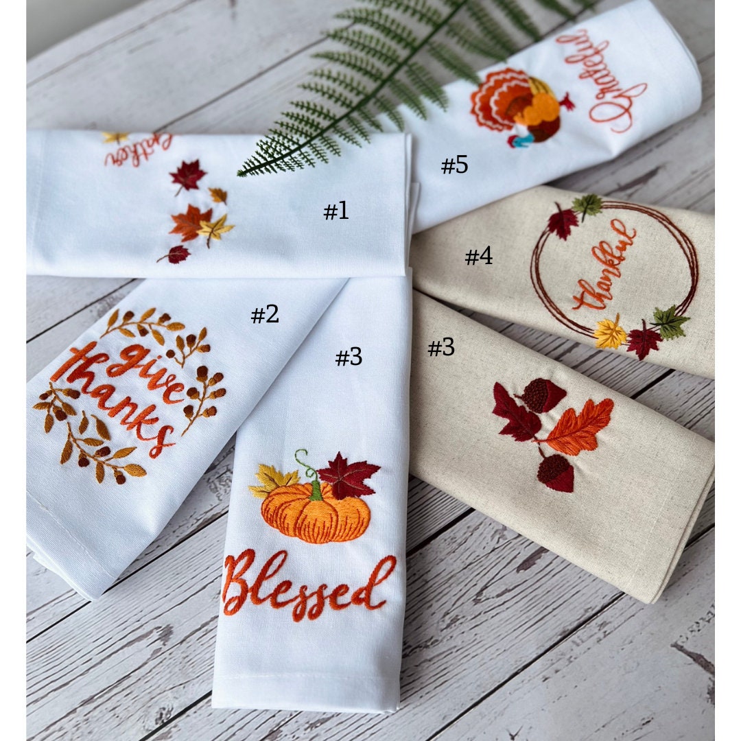 Thanksgiving Hand Embroidered Linen Napkin Set - Stitchery Zone