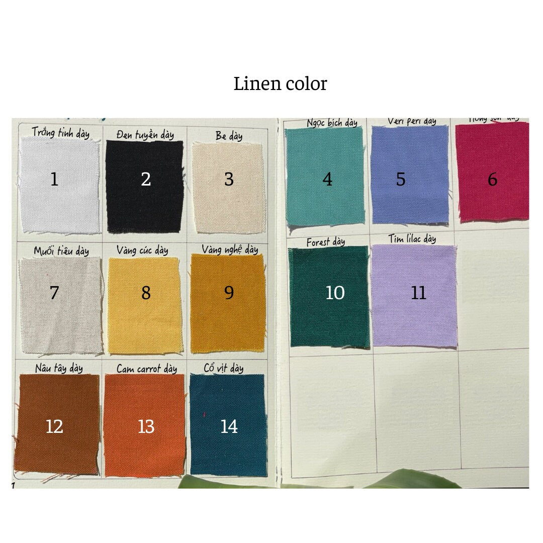 Color swatches of linen fabric for Daisy Embroidered Napkins by Stitchery Zone showing various shades including white black beige teal purple and orange