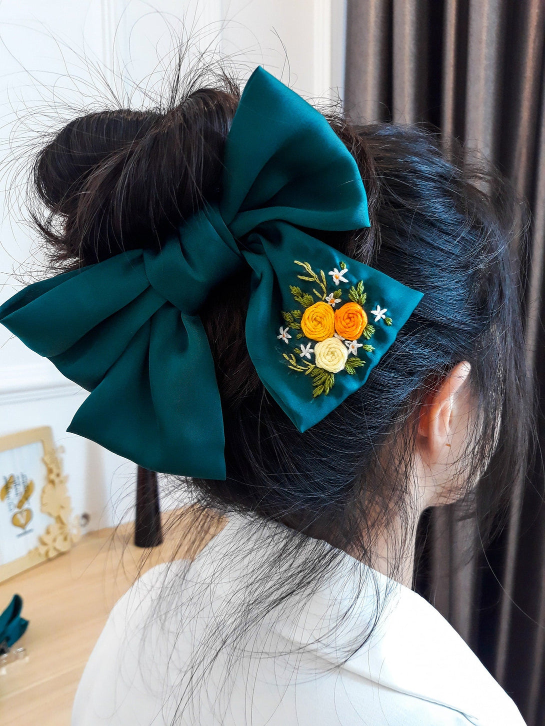 Hand Embroidered Hair Bow, Embroidery Hair Tie - Stitchery Zone