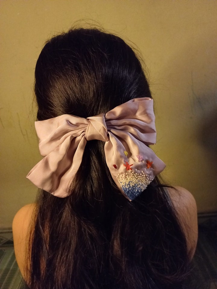 Hand Embroidered Hair Bow, Embroidery Hair Tie - Stitchery Zone