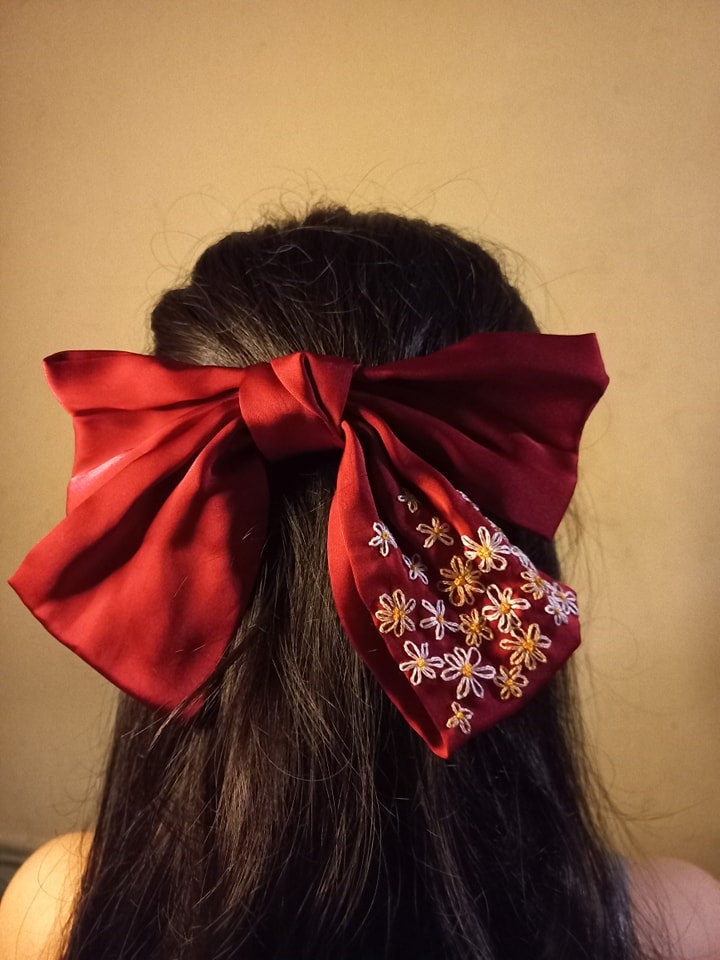 Hand Embroidered Hair Bow, Embroidery Hair Tie - Stitchery Zone