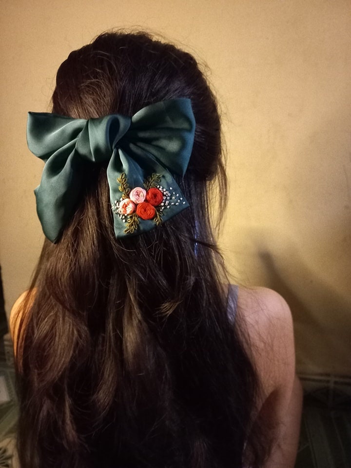 Hand Embroidered Hair Bow, Embroidery Hair Tie - Stitchery Zone