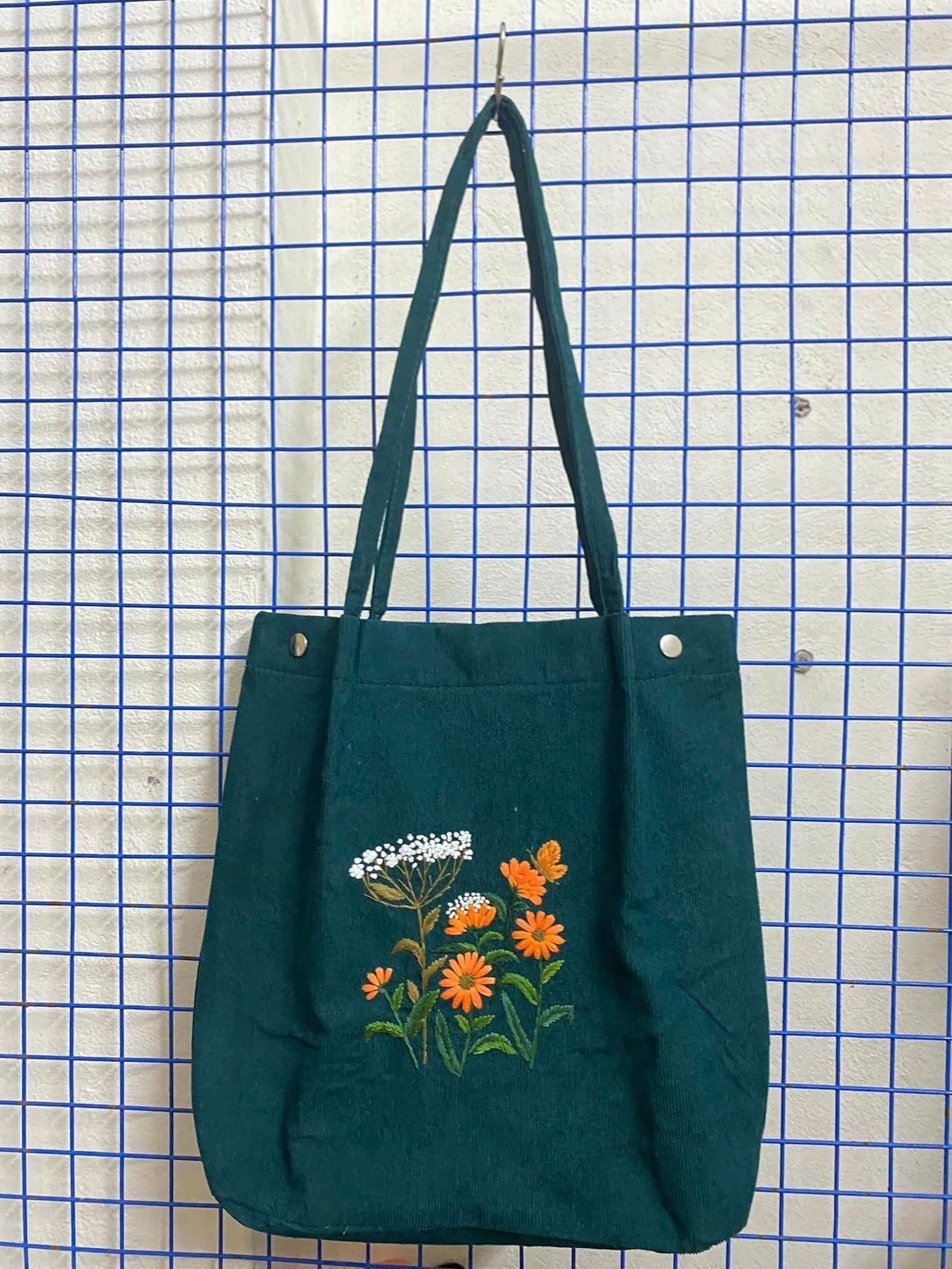 Floral Embroidered Velvet Tote Bag With Button And Pocket - Stitchery Zone