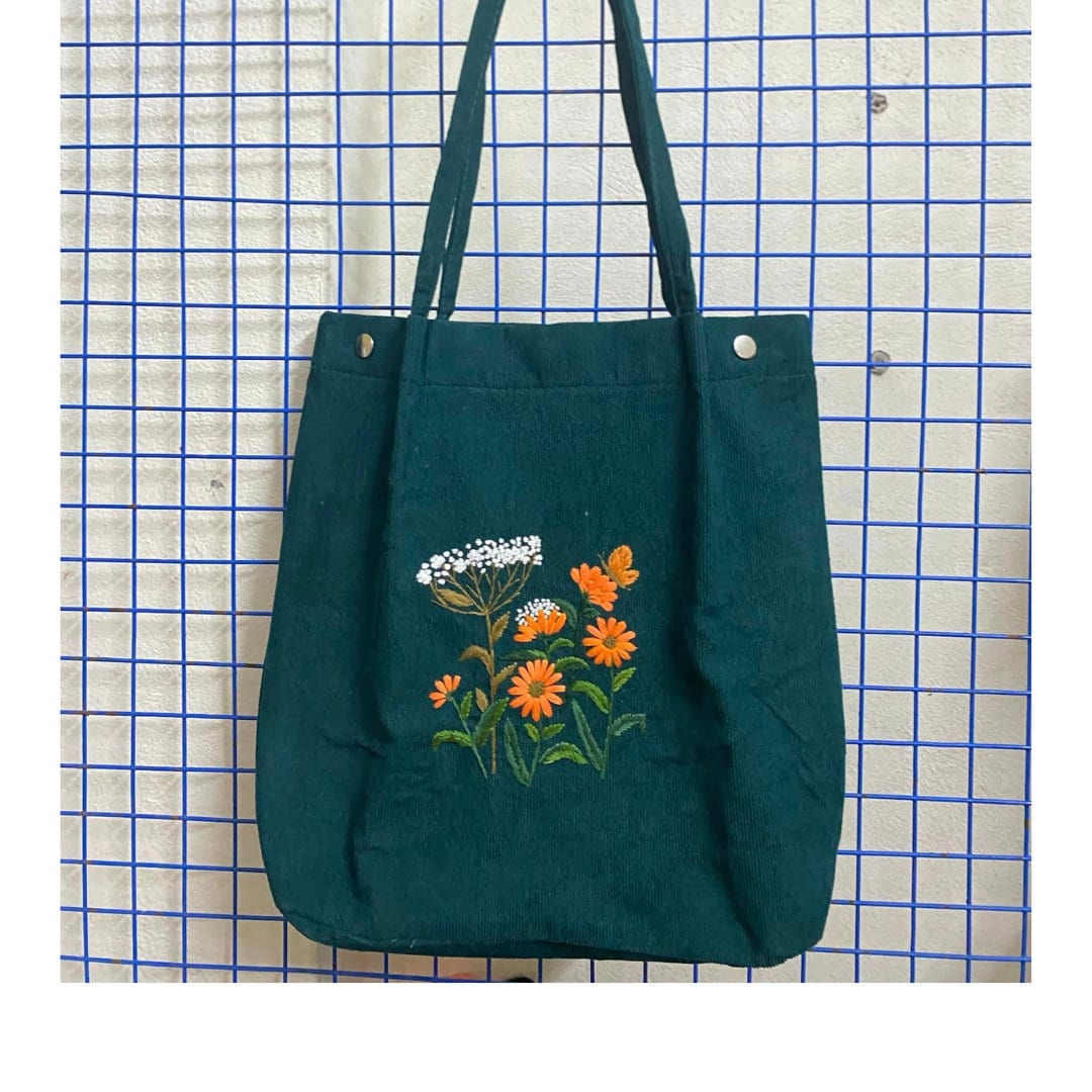 Floral Embroidered Velvet Tote Bag With Button And Pocket - Stitchery Zone