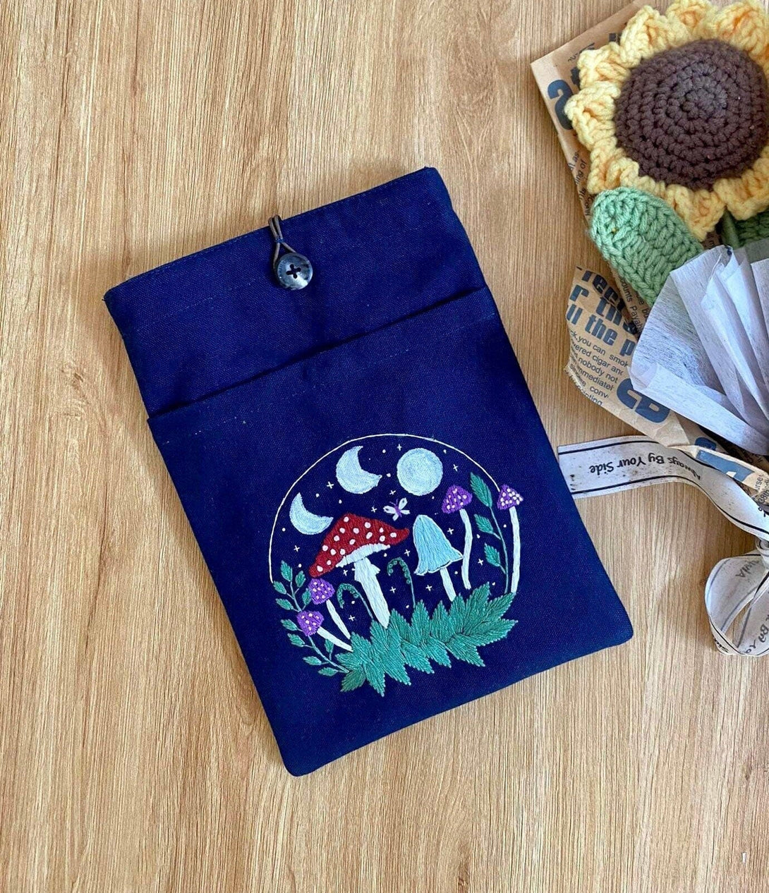 Magic Mushroom Embroidered Book Sleeve With Pocket - Stitchery Zone