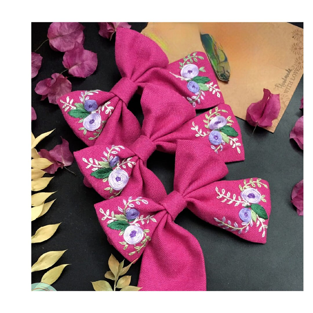 Hand Embroidered Rose Hair Bow - Stitchery Zone