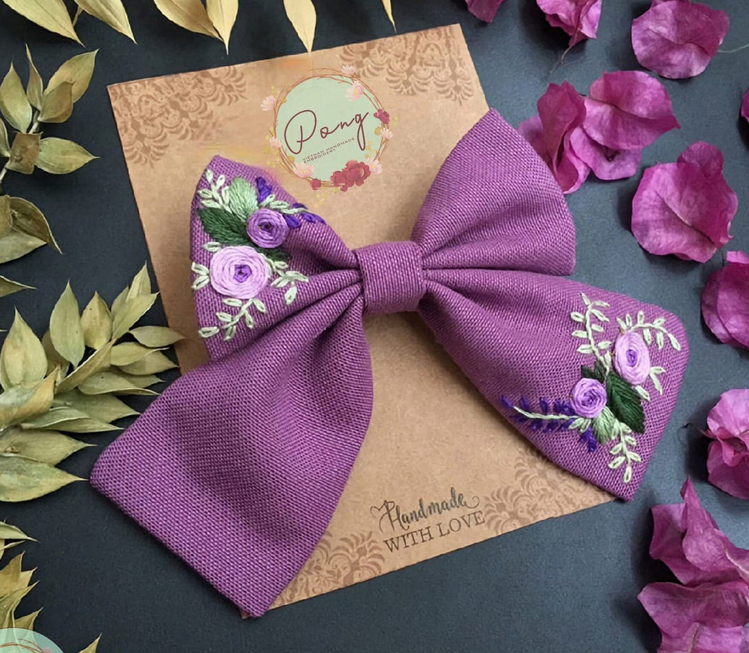 Hand Embroidered Rose Hair Bow - Stitchery Zone