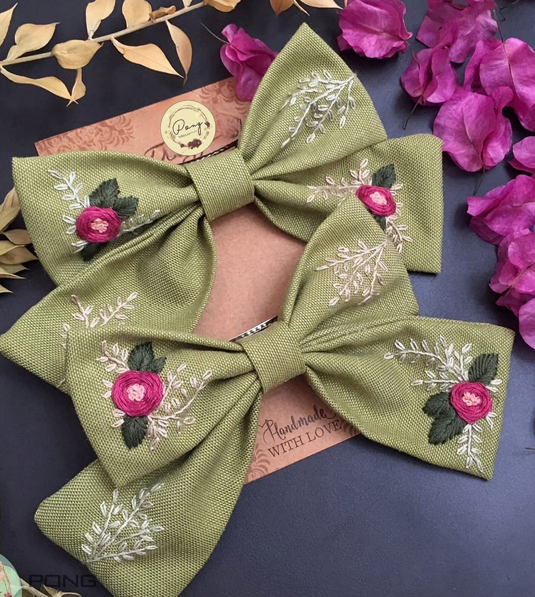 Hand Embroidered Rose Hair Bow - Stitchery Zone