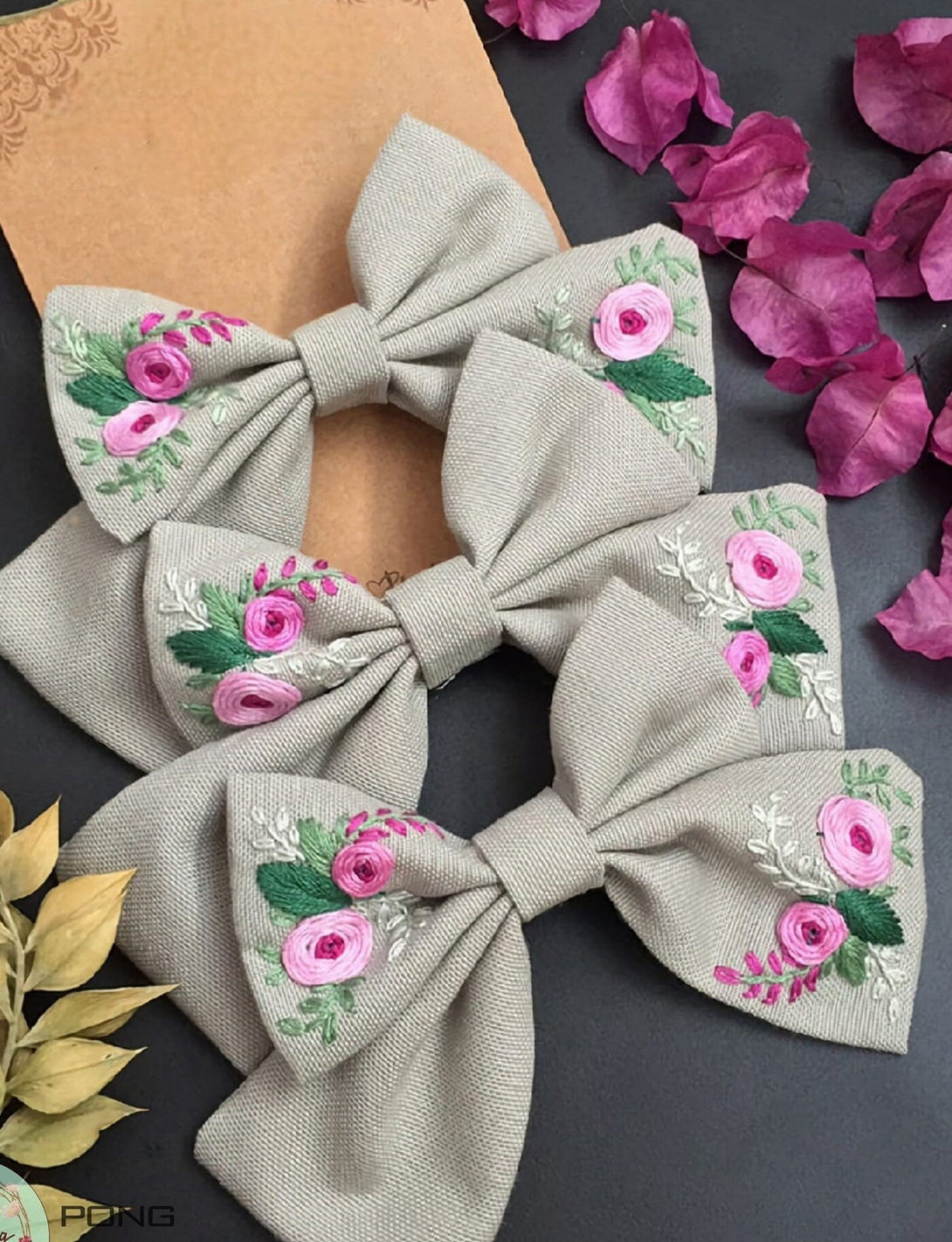 Hand Embroidered Rose Hair Bow - Stitchery Zone