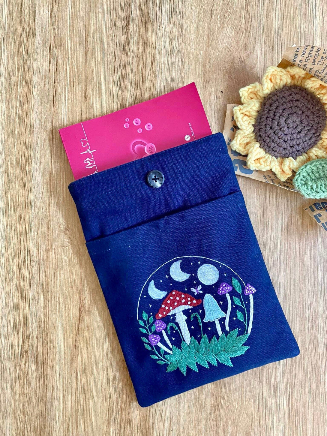 Magic Mushroom Embroidered Book Sleeve With Pocket - Stitchery Zone