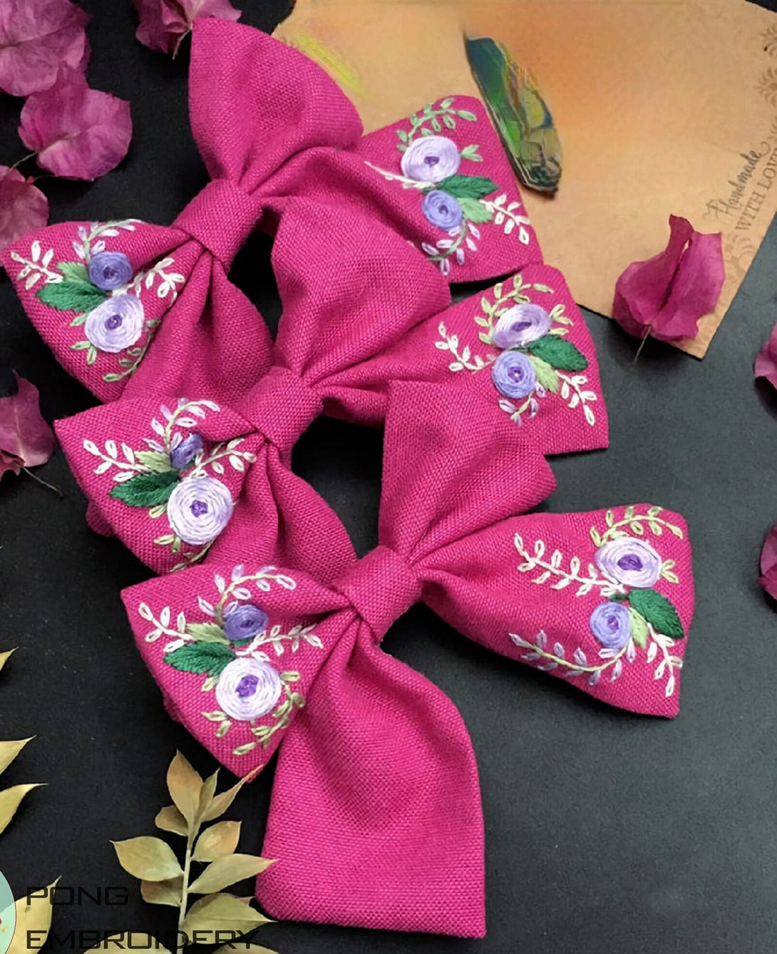 Hand Embroidered Rose Hair Bow - Stitchery Zone