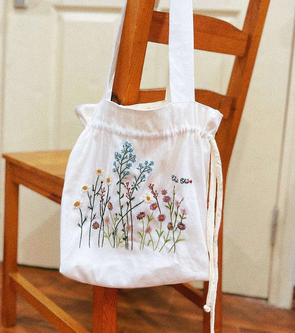 Hand Embroidered Little Flowers Tote - Stitchery Zone