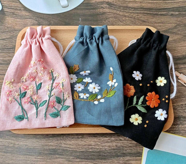 Floral Drawstring Bag Embroidery - Stitchery Zone