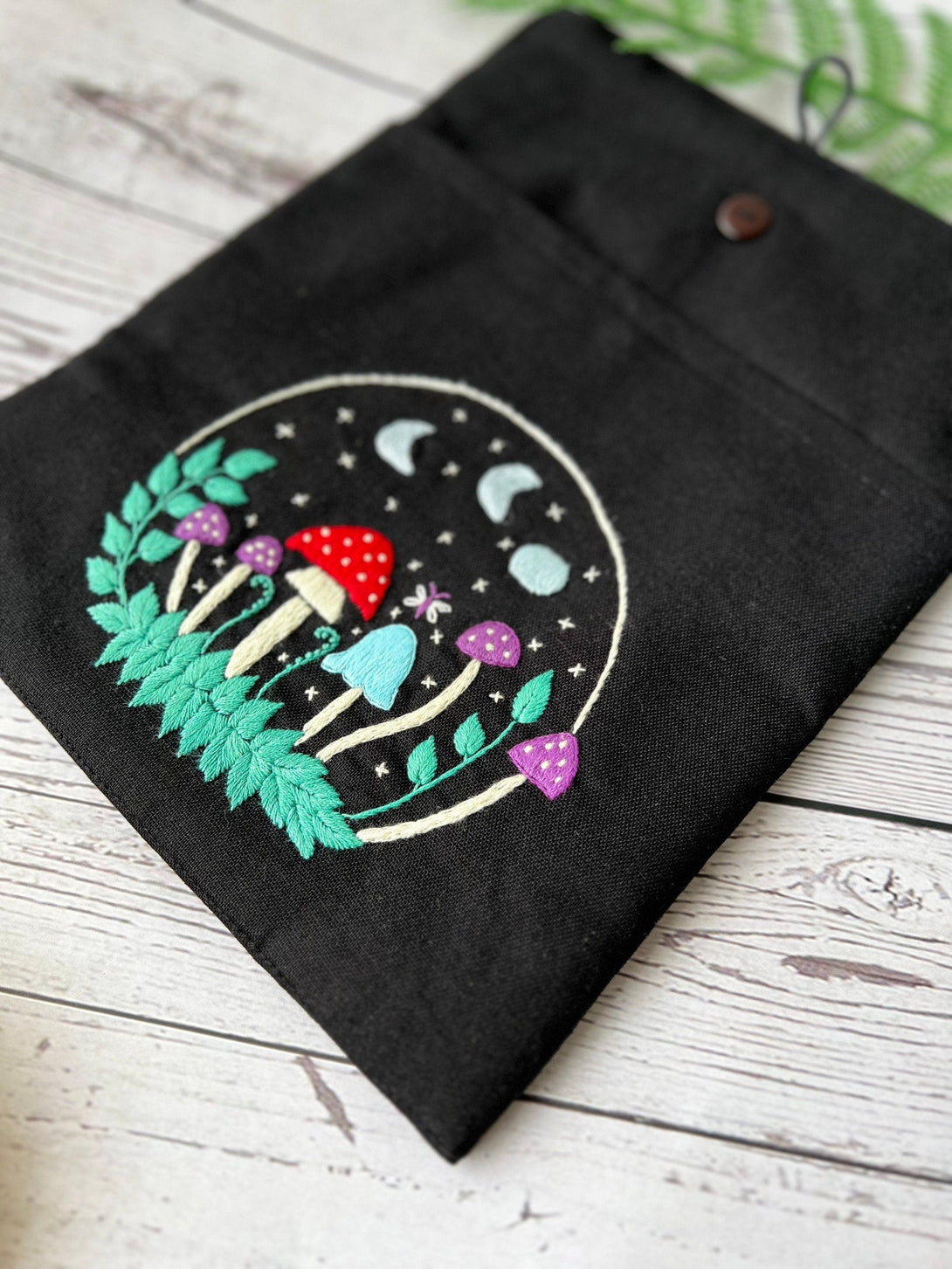 Magic Mushroom Embroidered Book Sleeve With Pocket - Stitchery Zone