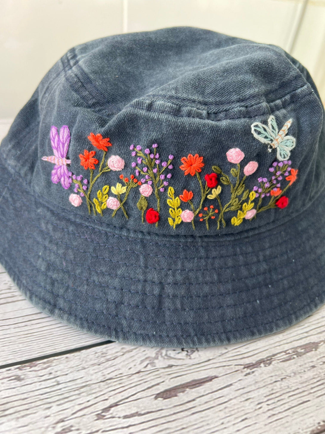 Hand Embroidery Floral Garden With Dragonfly Bucket Hat - Stitchery Zone