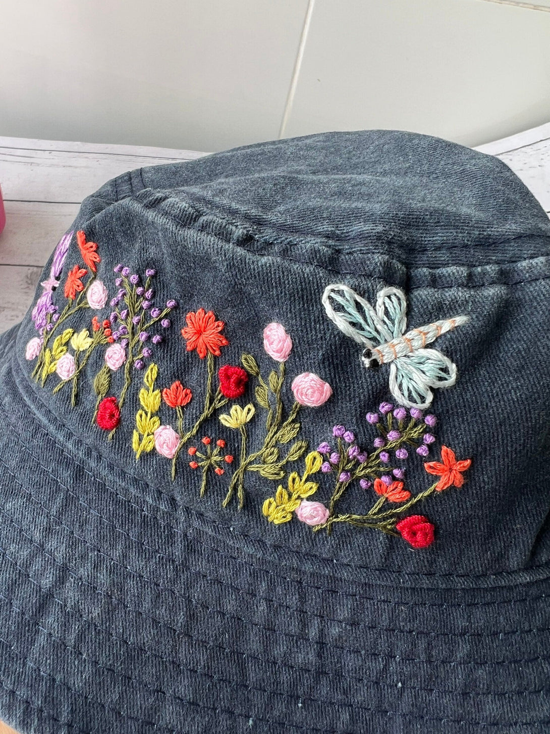 Hand Embroidery Floral Garden With Dragonfly Bucket Hat - Stitchery Zone