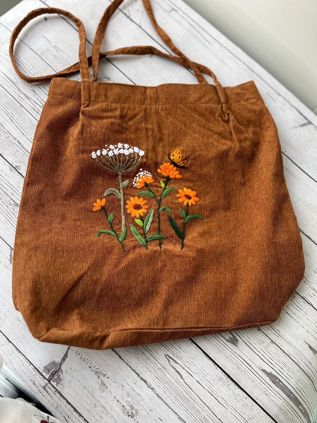 Floral Embroidered Velvet Tote Bag With Button And Pocket - Stitchery Zone