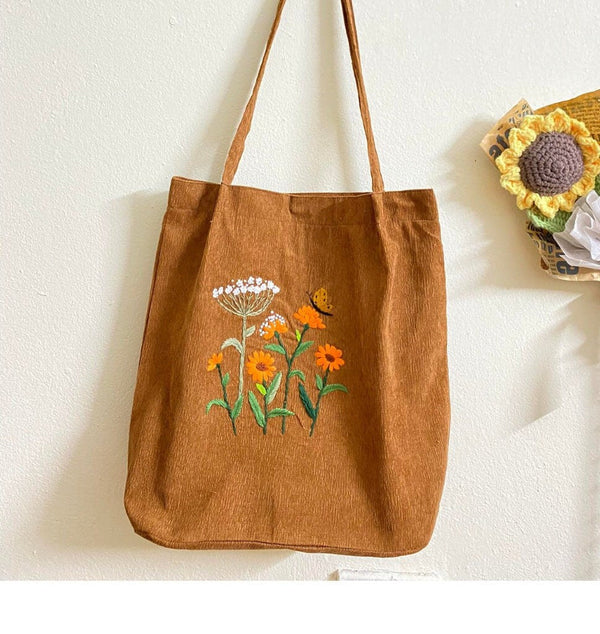 Floral Embroidered Velvet Tote Bag With Button And Pocket - Stitchery Zone