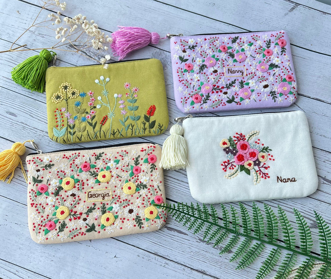 Hand Embroidered Flower Pouch - Stitchery Zone