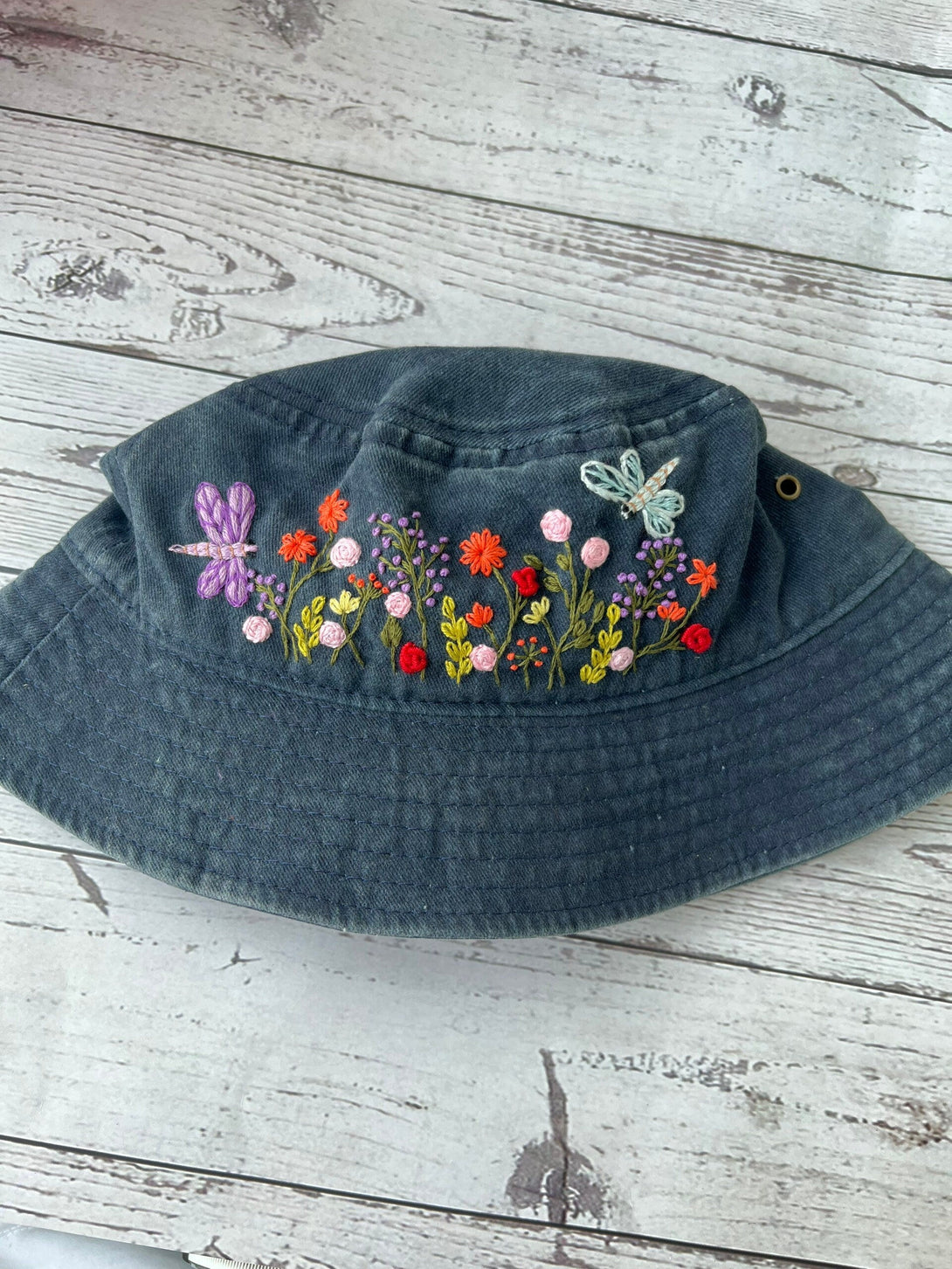 Hand Embroidery Floral Garden With Dragonfly Bucket Hat - Stitchery Zone