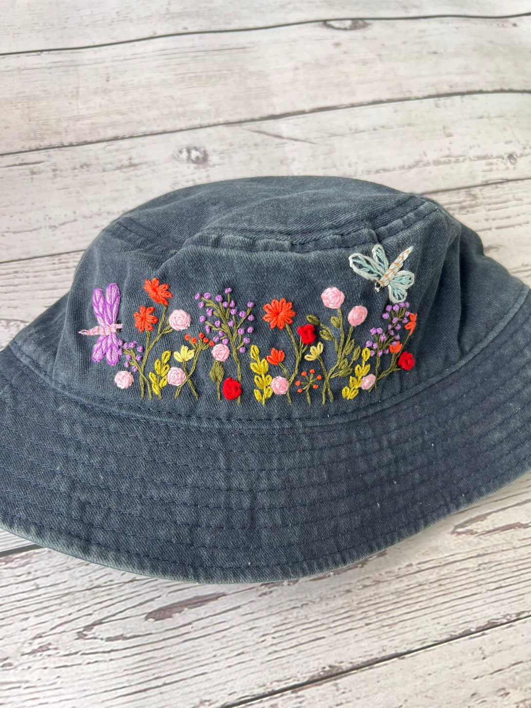 Hand Embroidery Floral Garden With Dragonfly Bucket Hat - Stitchery Zone