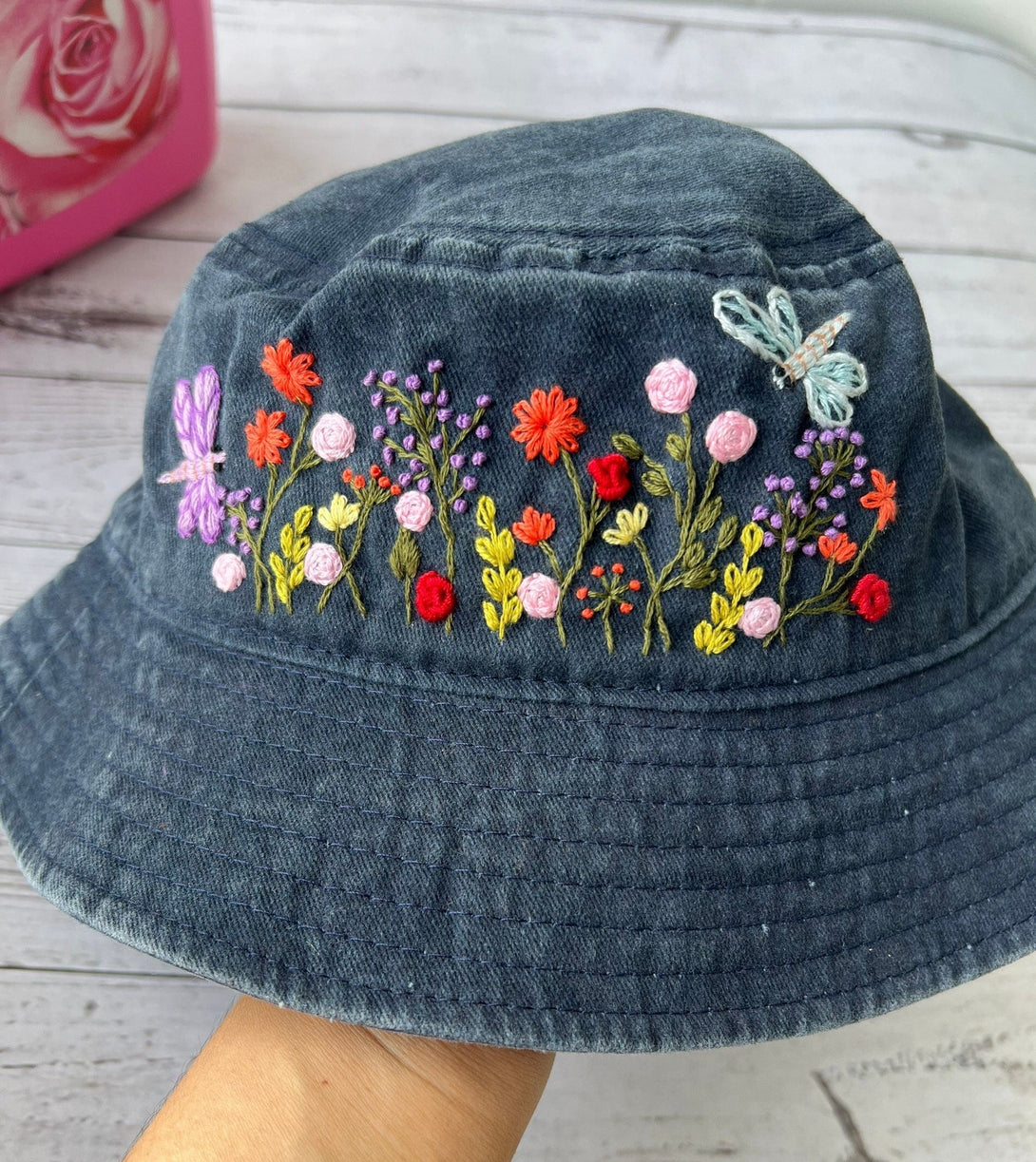 Hand Embroidery Floral Garden With Dragonfly Bucket Hat - Stitchery Zone